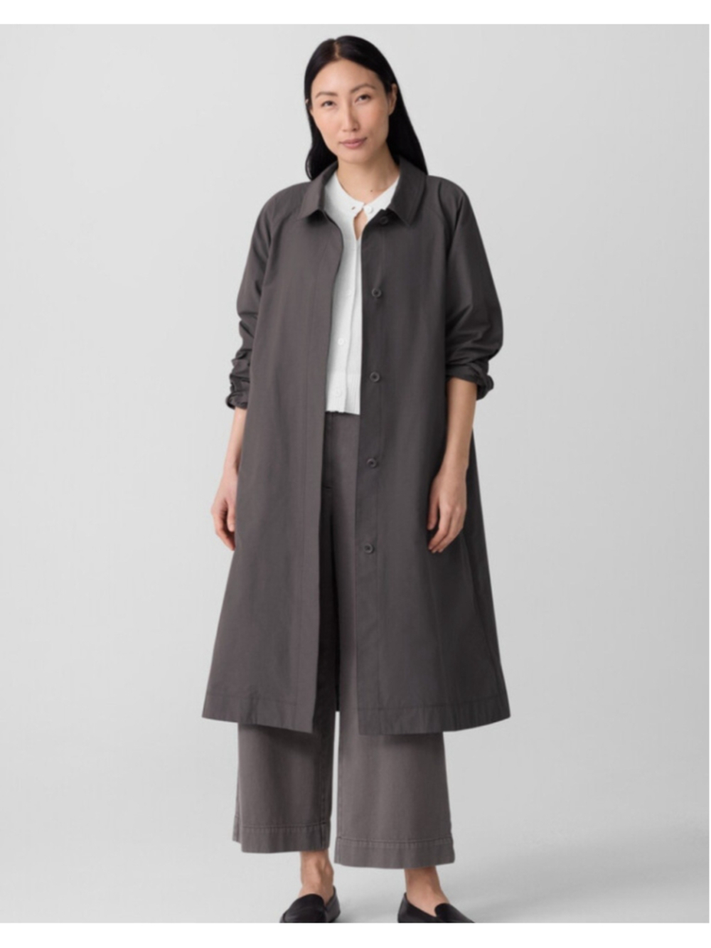 Eileen Fisher Light Cotton Nylon Classic Collar Coat , Easy Fit Calf Length Sz S